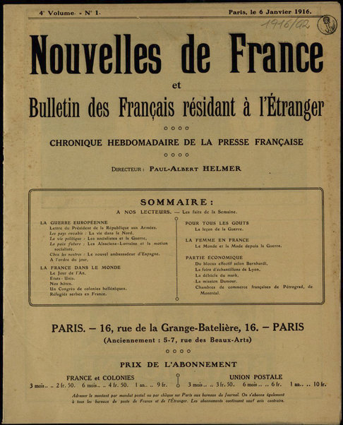 Nouvelles de France et Bulletin des Français résidant à l'étranger : chronique hebdomadaire de la presse française